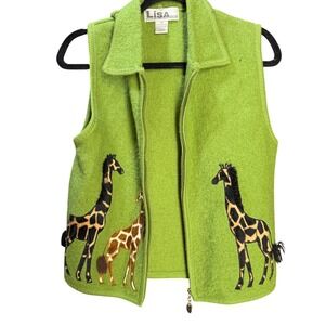 Lisa International Boiled Wool Vest Green Giraffe Embroidered Zip Up Womens M